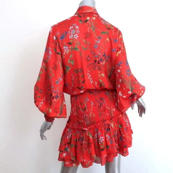 Alexis Mini Dress Rianna Red Floral Print Smocked Satin Size Extra Small - Picture 5 of 7